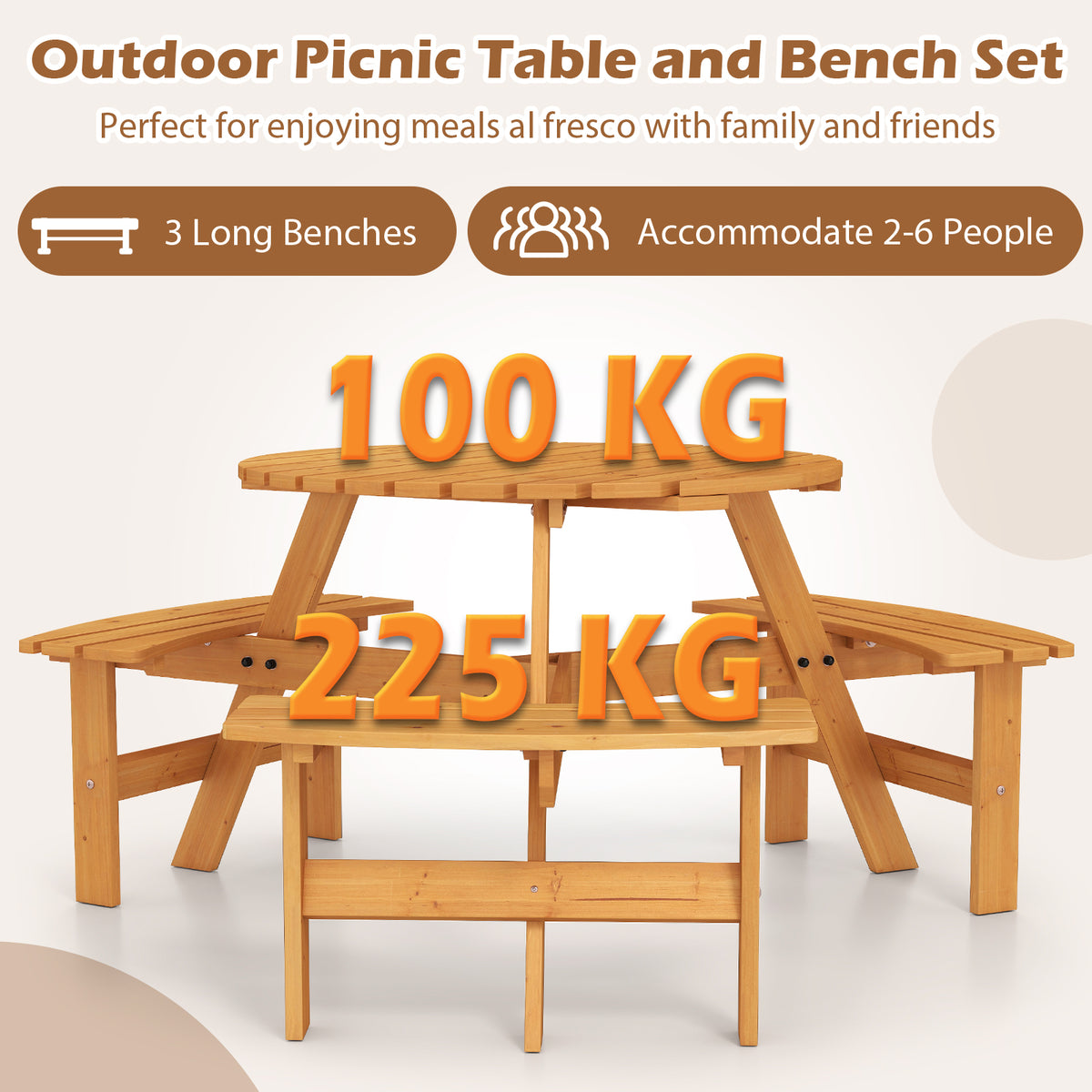 Round Picnic Table Set Patio Dining Camping Table w/ Built-in 3 Benches