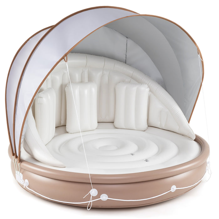 Inflatable Canopy Island, Tanning Pool Lounger Float w/Retractable & Removable Canopy