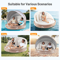 Inflatable Canopy Island, Tanning Pool Lounger Float w/Retractable & Removable Canopy
