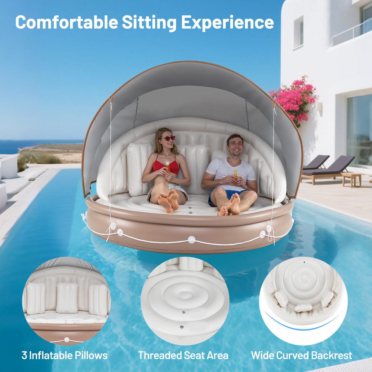 Inflatable Canopy Island, Tanning Pool Lounger Float w/Retractable & Removable Canopy