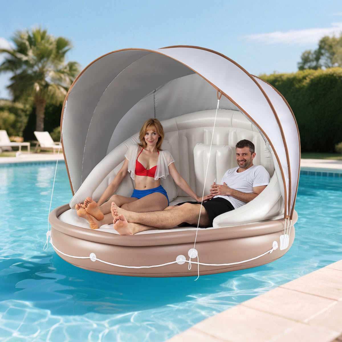 Inflatable Canopy Island, Tanning Pool Lounger Float w/Retractable & Removable Canopy
