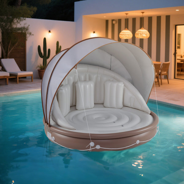 Inflatable Canopy Island, Tanning Pool Lounger Float w/Retractable & Removable Canopy