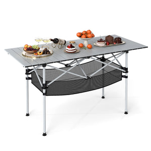 Patio Folding Camping Table Portable Picnic Table with Aluminum Roll-up Tabletop and Mesh Basket