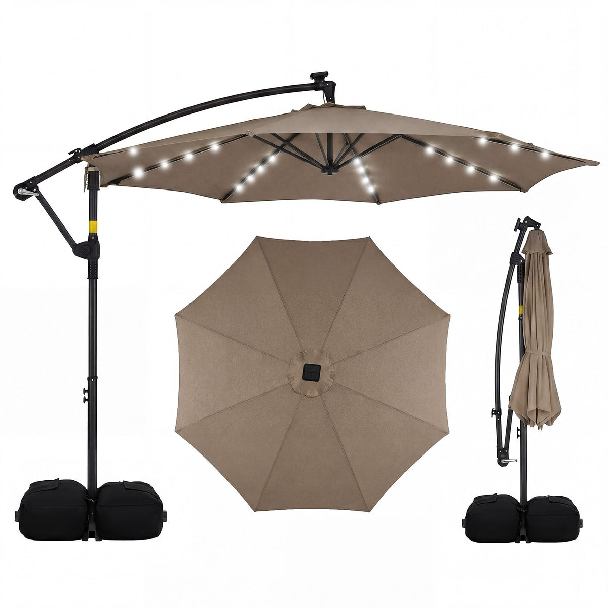 3m Solar Offset Hanging Umbrella with 32 LED Lights and 360° Rotation