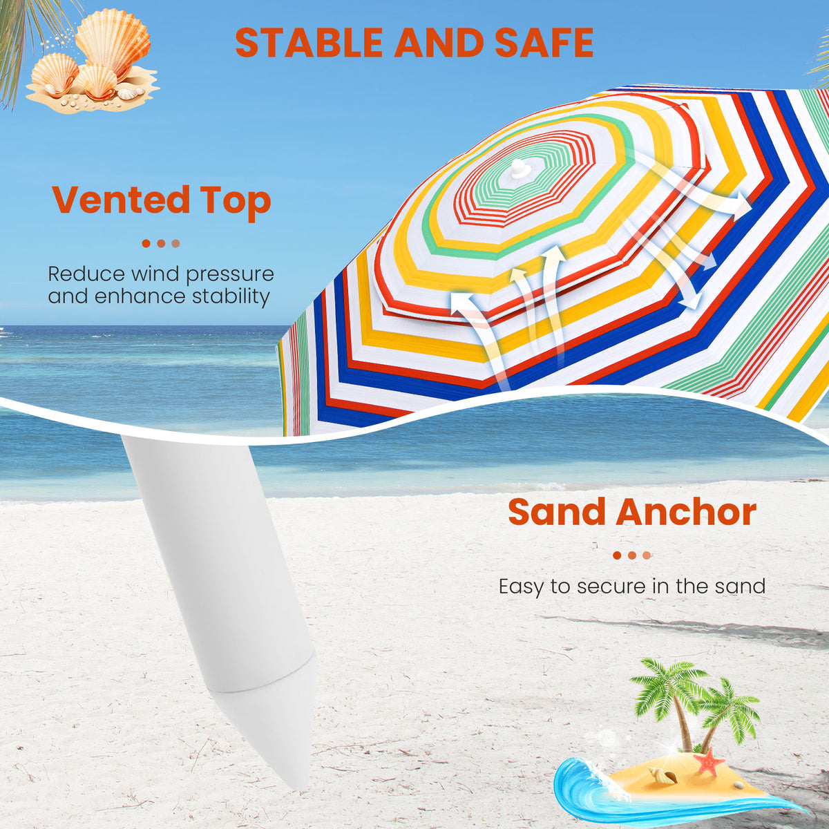 2m Beach Umbrella, UPF50+ Sun Protection Portable Outdoor Sunshade Parasol
