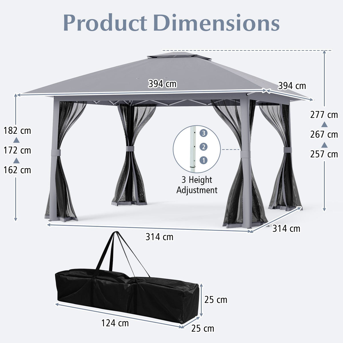 394 x 394 CM Canopy Tent with Mesh Netting and Carrying Bag for Patio and Lawn