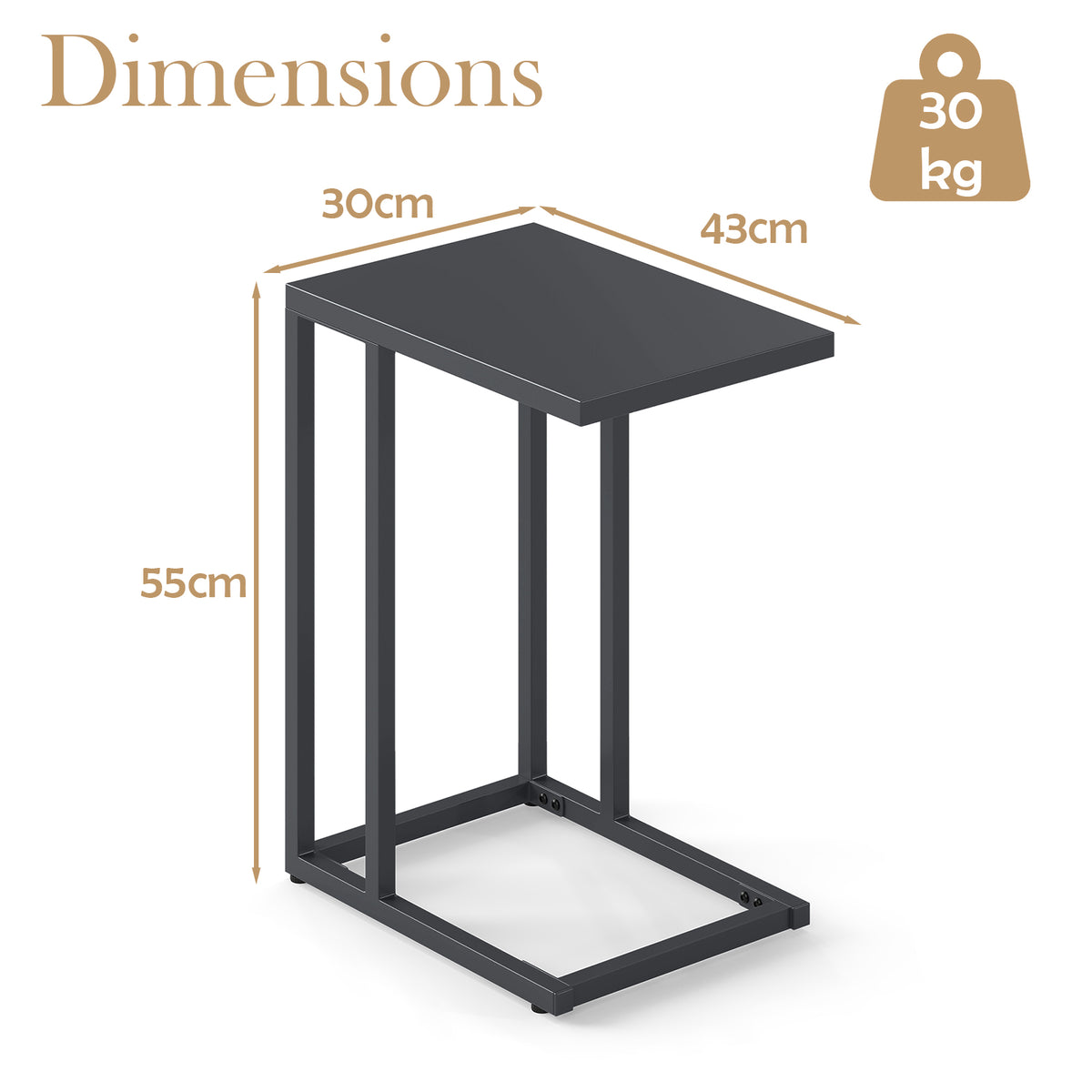 C-Shaped Side Table, Modern Industrial Metal End Table with Adjustable Foot Pads