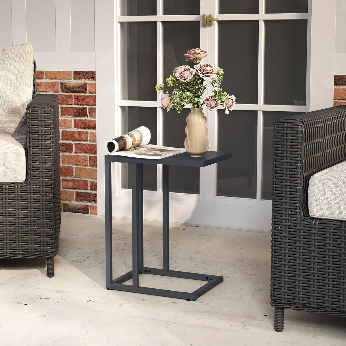 C-Shaped Side Table, Modern Industrial Metal End Table with Adjustable Foot Pads