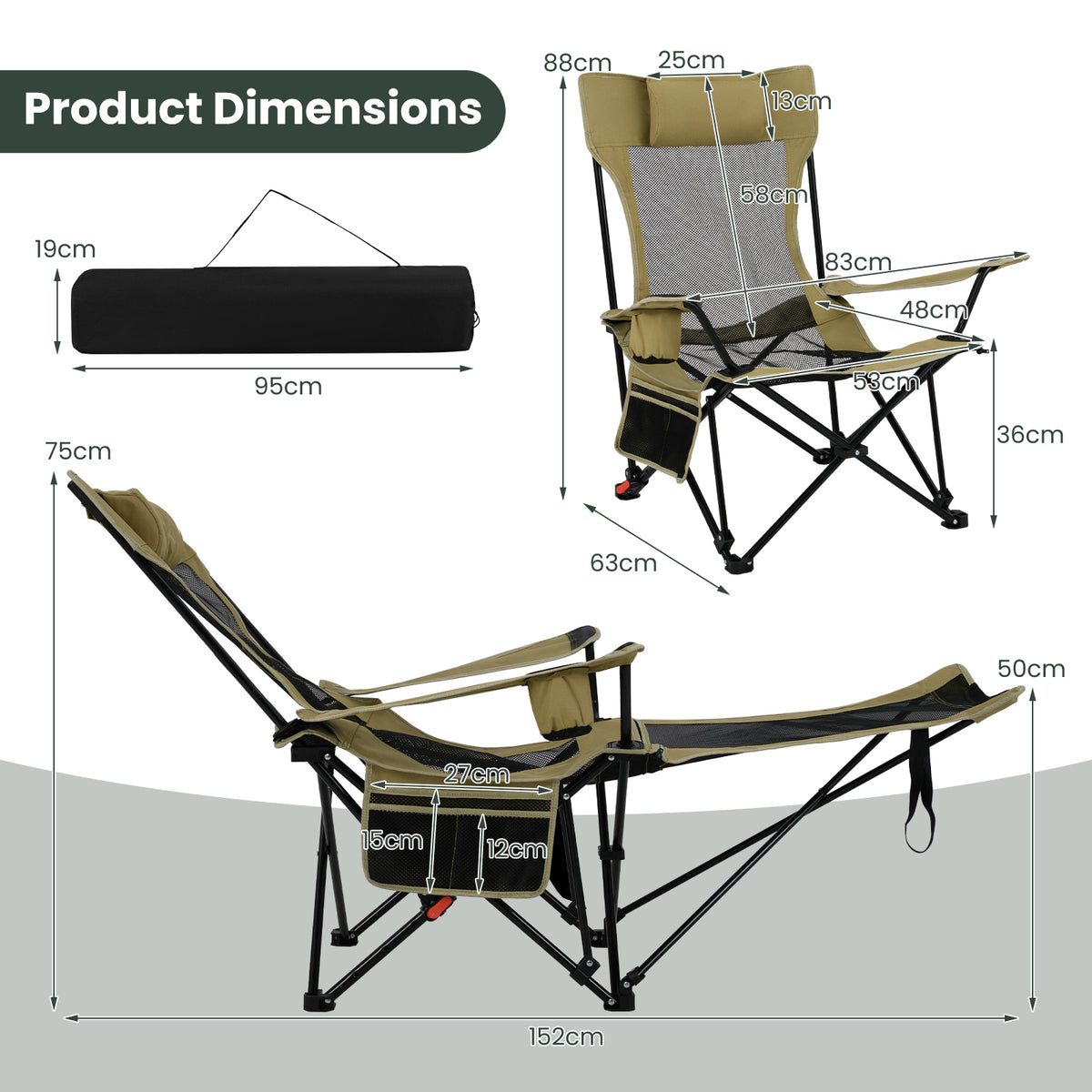 2 in 1 Folding Camping Lounge Chair with Detachable Footrest for Fishing Picnics