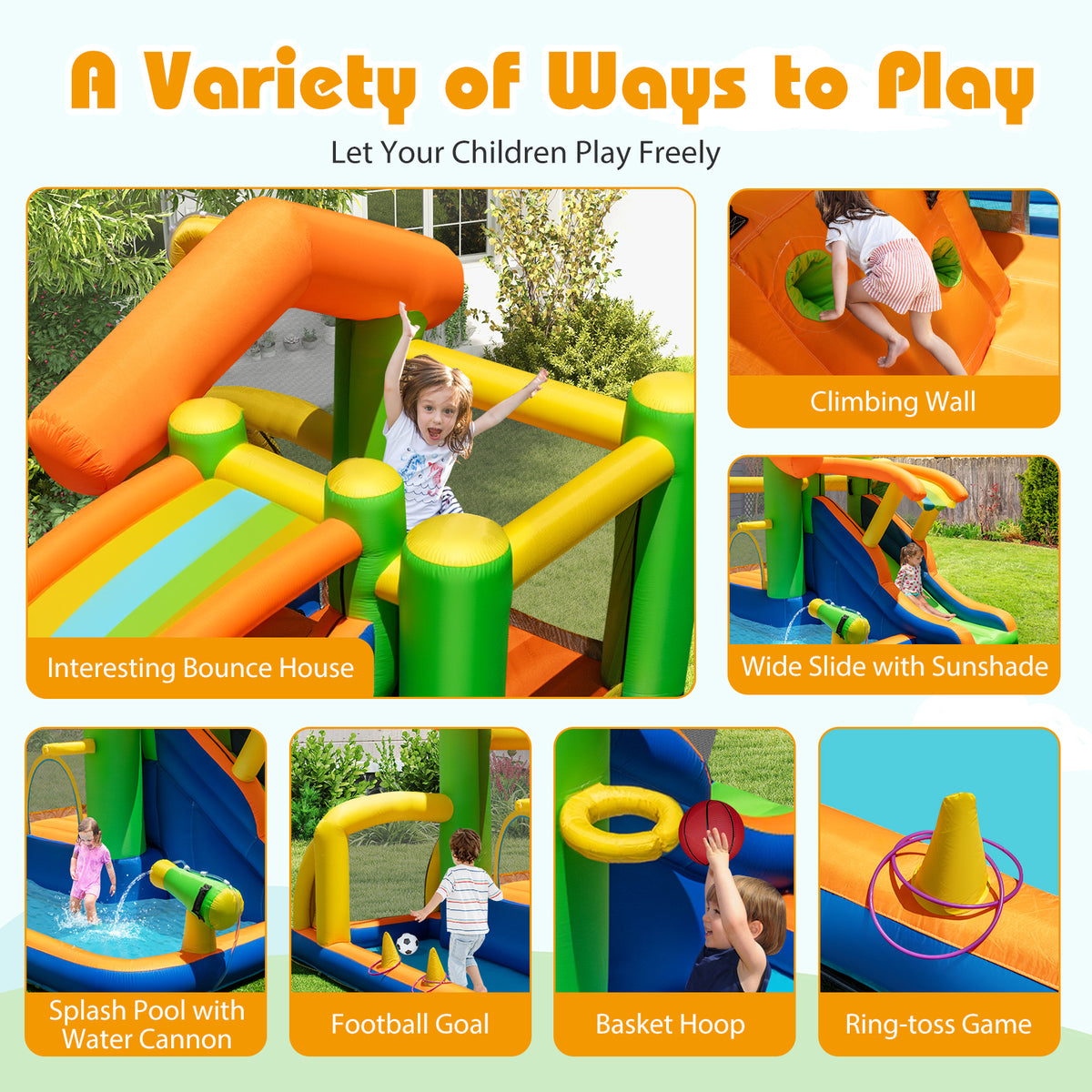 Inflatable Bounce House, 8-In-1 Multifunctional Water Park with Slide, Climbing Wall, Splash Pool, Water Cannon & Basketball Hoop