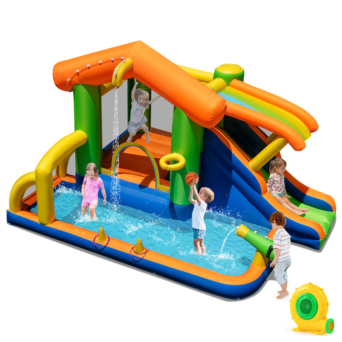 Inflatable Bounce House, 8-In-1 Multifunctional Water Park with Slide, Climbing Wall, Splash Pool, Water Cannon & Basketball Hoop