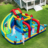 Inflatable Double Water Slide Park, Giant Bouncy Castle w/ Obstacle Course, Basketball Hoops, Water Cannons, Ring Toss Games, Jumping House for Kids