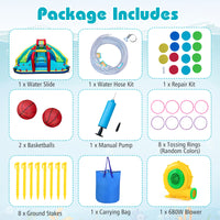 Inflatable Double Water Slide Park, Giant Bouncy Castle w/ Obstacle Course, Basketball Hoops, Water Cannons, Ring Toss Games, Jumping House for Kids