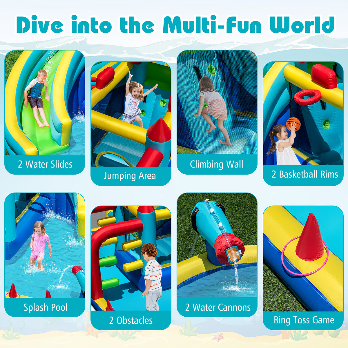 Inflatable Double Water Slide Park, Giant Bouncy Castle w/ Obstacle Course, Basketball Hoops, Water Cannons, Ring Toss Games, Jumping House for Kids