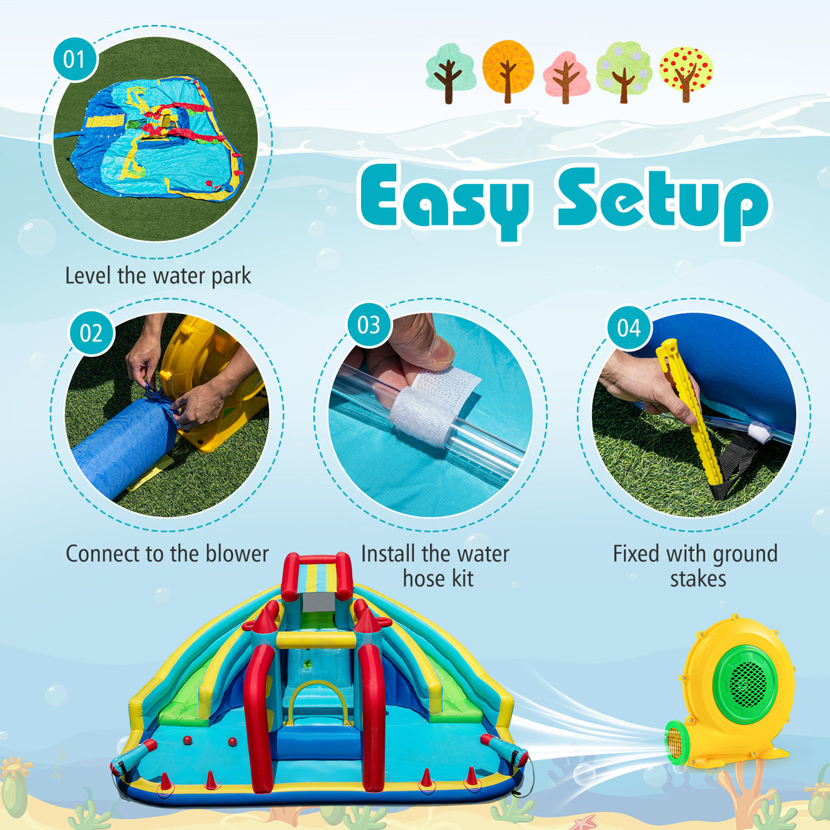 Inflatable Double Water Slide Park, Giant Bouncy Castle w/ Obstacle Course, Basketball Hoops, Water Cannons, Ring Toss Games, Jumping House for Kids