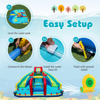 Inflatable Double Water Slide Park, Giant Bouncy Castle w/ Obstacle Course, Basketball Hoops, Water Cannons, Ring Toss Games, Jumping House for Kids