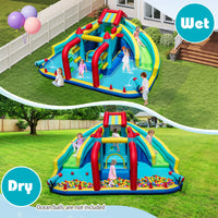 Inflatable Double Water Slide Park, Giant Bouncy Castle w/ Obstacle Course, Basketball Hoops, Water Cannons, Ring Toss Games, Jumping House for Kids