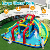 Inflatable Double Water Slide Park, Giant Bouncy Castle w/ Obstacle Course, Basketball Hoops, Water Cannons, Ring Toss Games, Jumping House for Kids