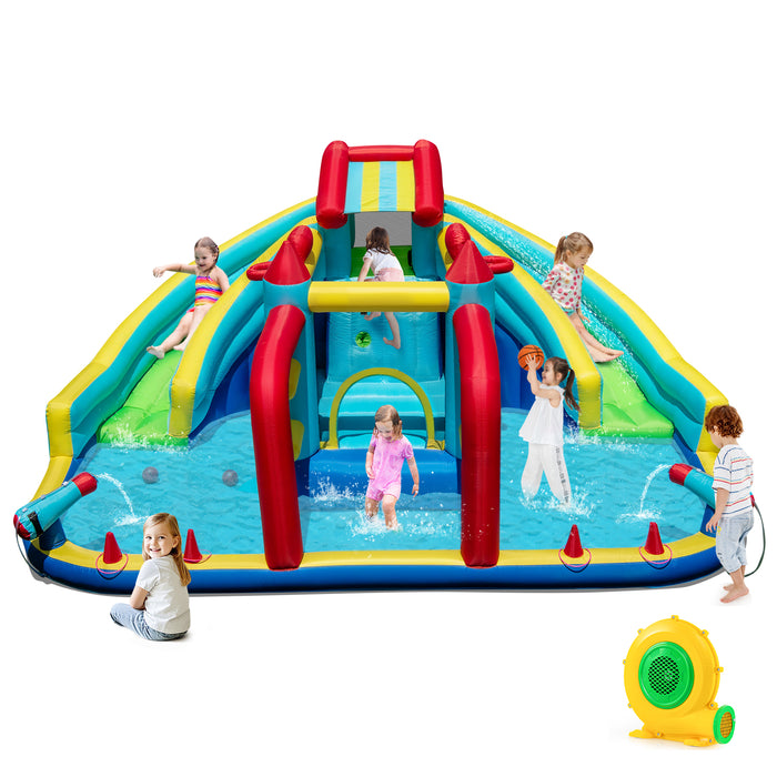 Inflatable Double Water Slide Park, Giant Bouncy Castle w/ Obstacle Course, Basketball Hoops, Water Cannons, Ring Toss Games, Jumping House for Kids