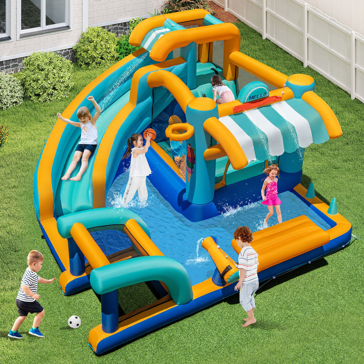 Inflatable Water Park with Market Stand, Water Slide with Climbing Wall, Basketball Rim, Splash Pool