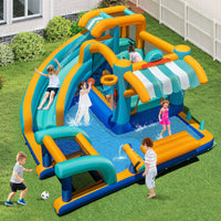 Inflatable Water Park with Market Stand, Water Slide with Climbing Wall, Basketball Rim, Splash Pool
