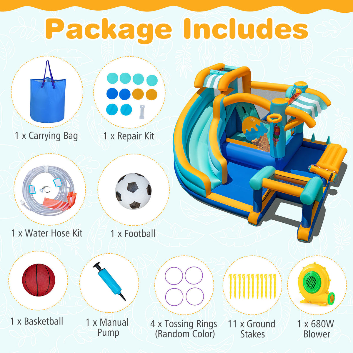 Inflatable Water Park with Market Stand, Water Slide with Climbing Wall, Basketball Rim, Splash Pool