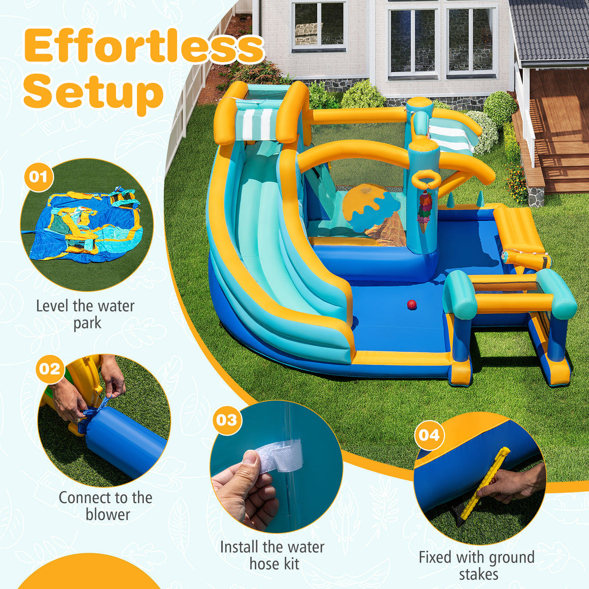 Inflatable Water Park with Market Stand, Water Slide with Climbing Wall, Basketball Rim, Splash Pool