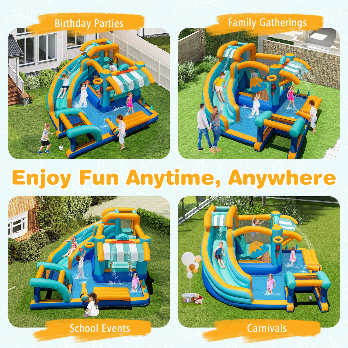Inflatable Water Park with Market Stand, Water Slide with Climbing Wall, Basketball Rim, Splash Pool