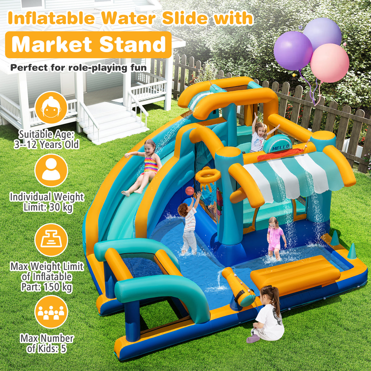 Inflatable Water Park with Market Stand, Water Slide with Climbing Wall, Basketball Rim, Splash Pool