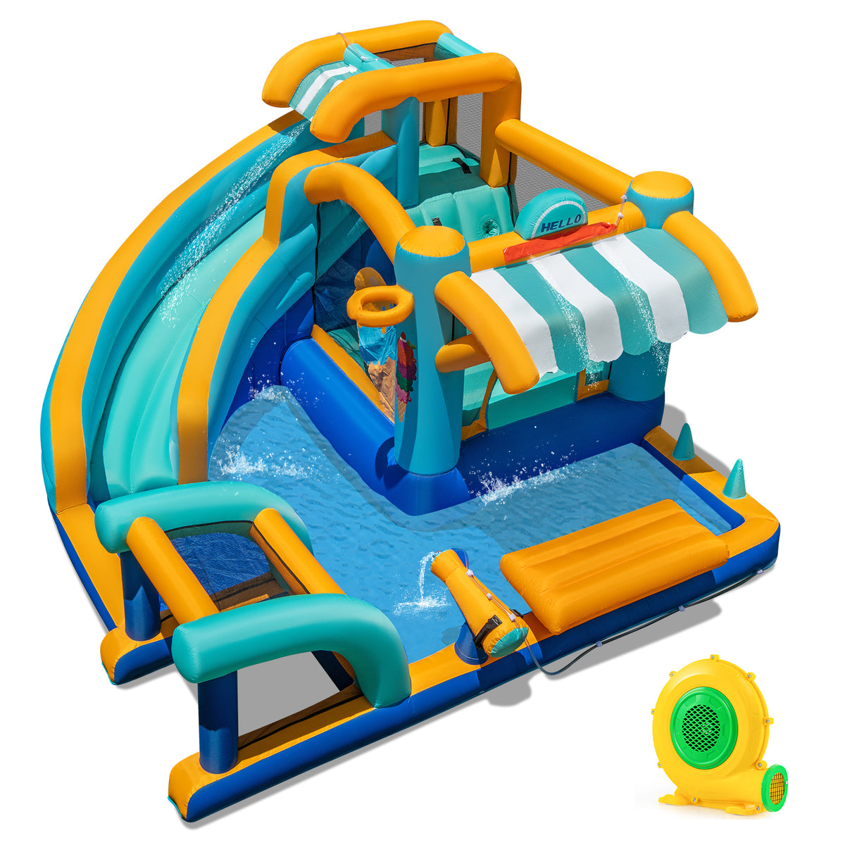 Inflatable Water Park with Market Stand, Water Slide with Climbing Wall, Basketball Rim, Splash Pool