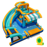 Inflatable Water Park with Market Stand, Water Slide with Climbing Wall, Basketball Rim, Splash Pool