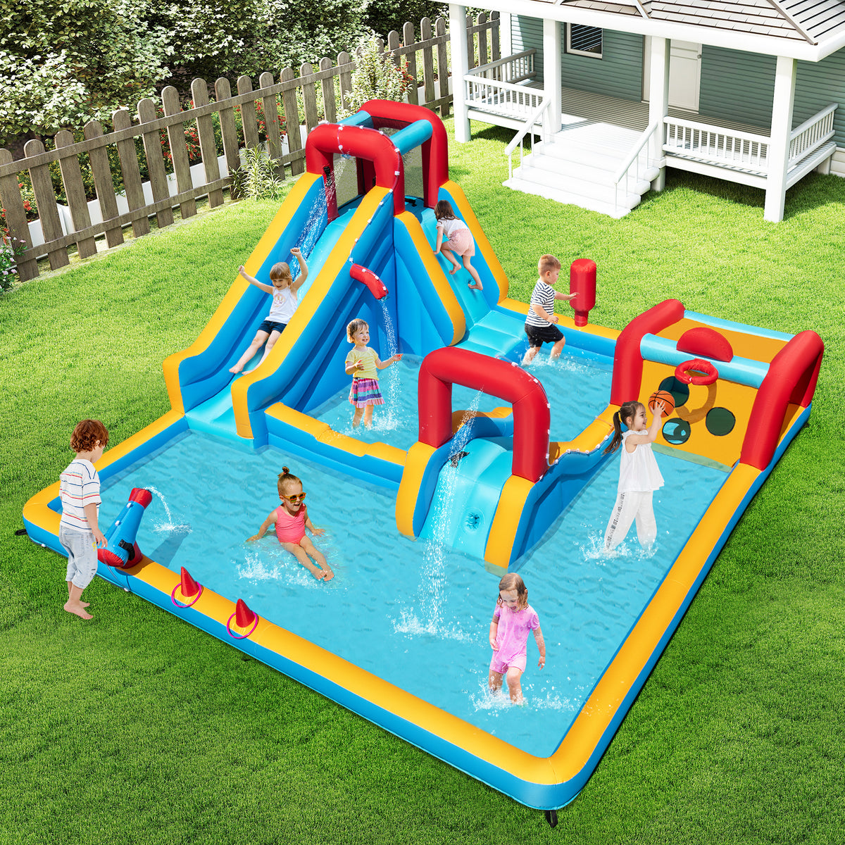 Inflatable Water Park, Water Slide with Climbing Wall, Boxing Post, Basketball Rim