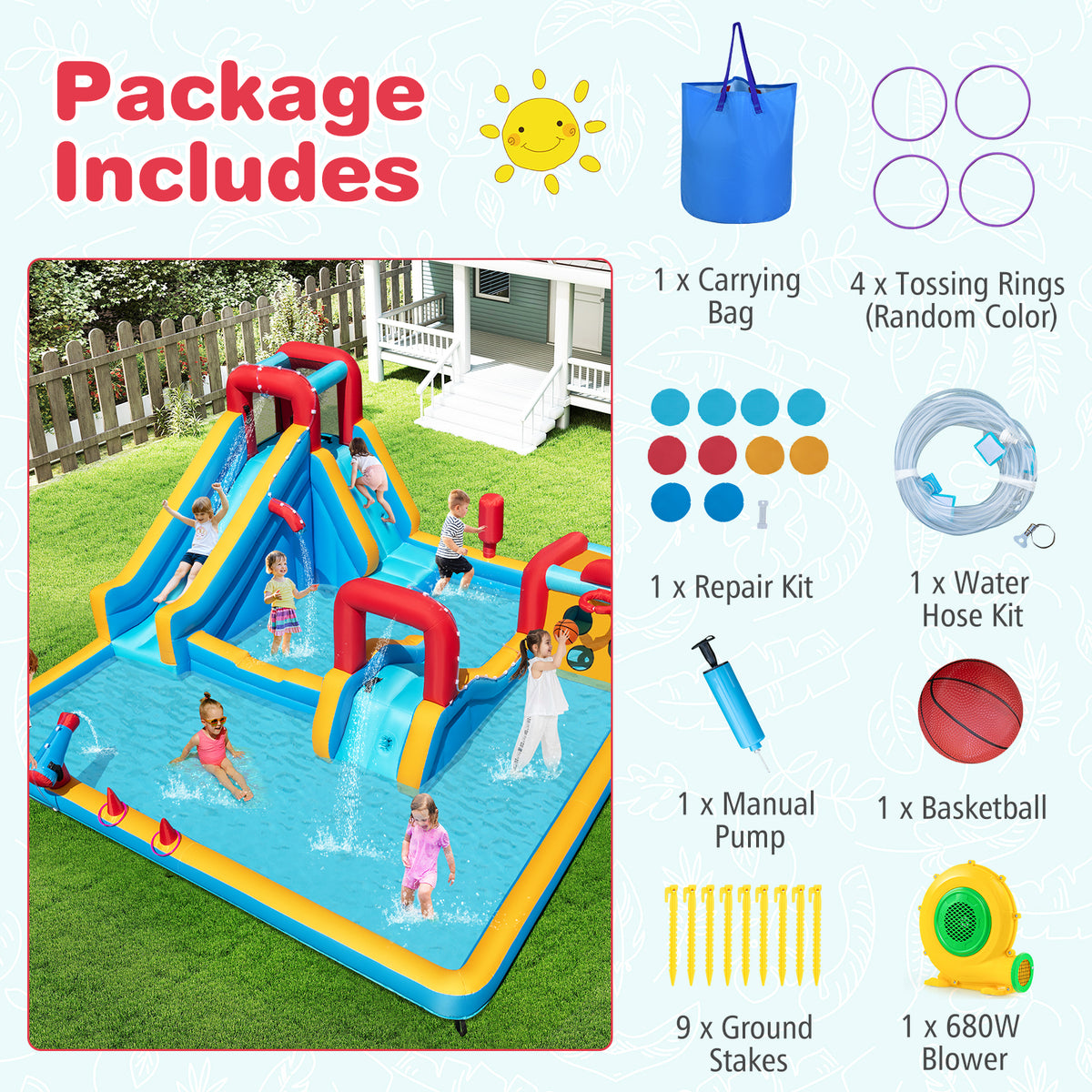 Inflatable Water Park, Water Slide with Climbing Wall, Boxing Post, Basketball Rim