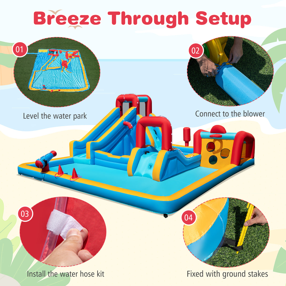 Inflatable Water Park, Water Slide with Climbing Wall, Boxing Post, Basketball Rim