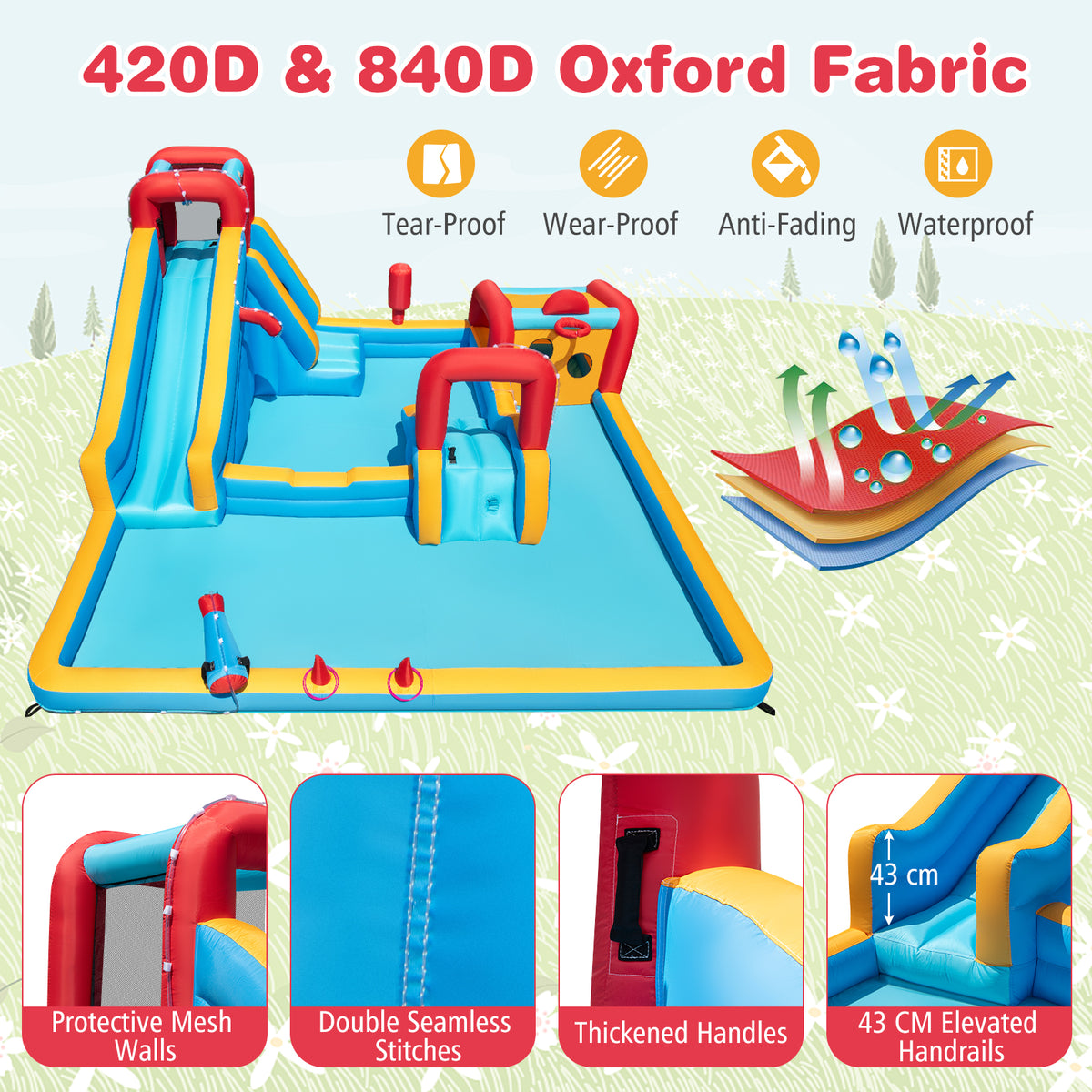 Inflatable Water Park, Water Slide with Climbing Wall, Boxing Post, Basketball Rim