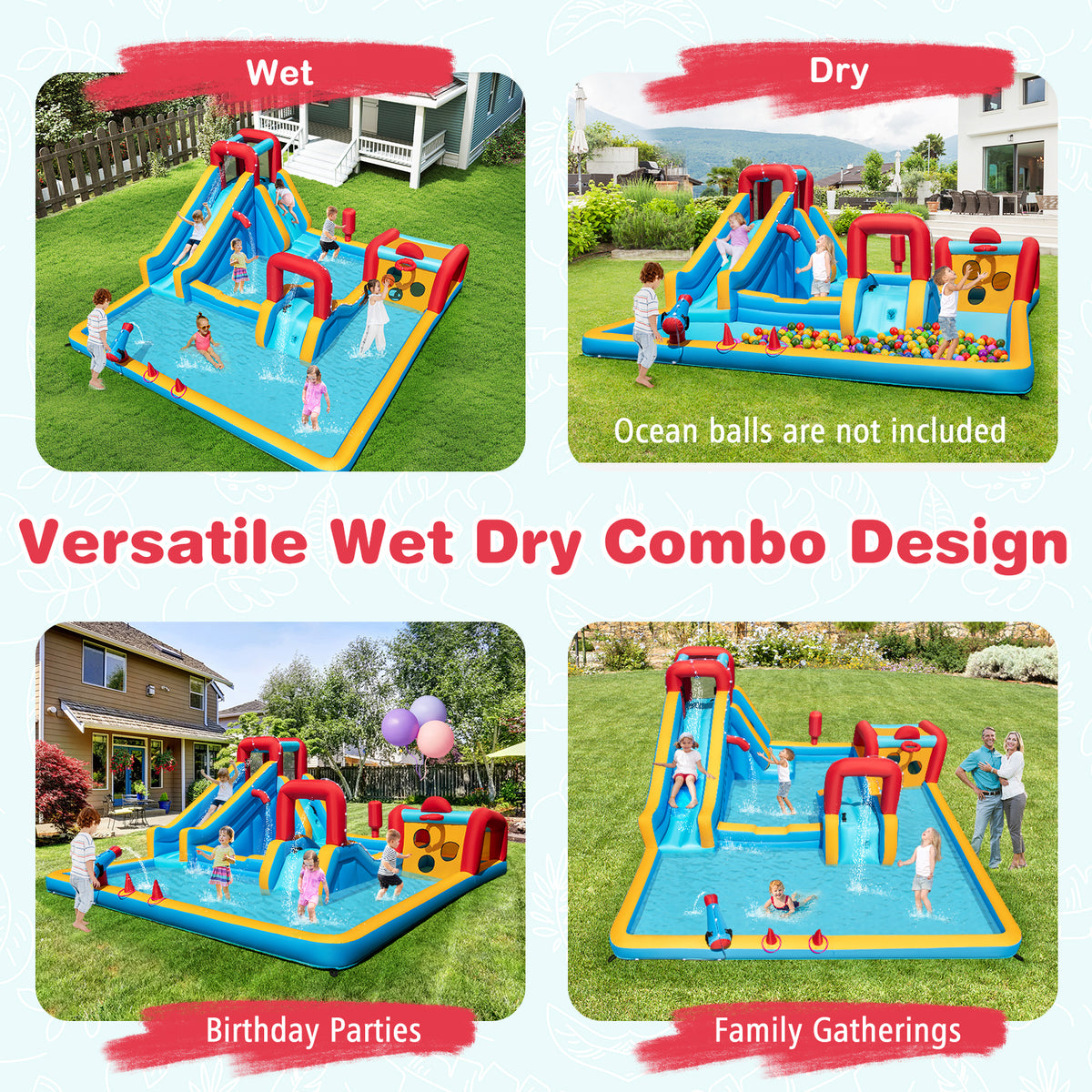 Inflatable Water Park, Water Slide with Climbing Wall, Boxing Post, Basketball Rim