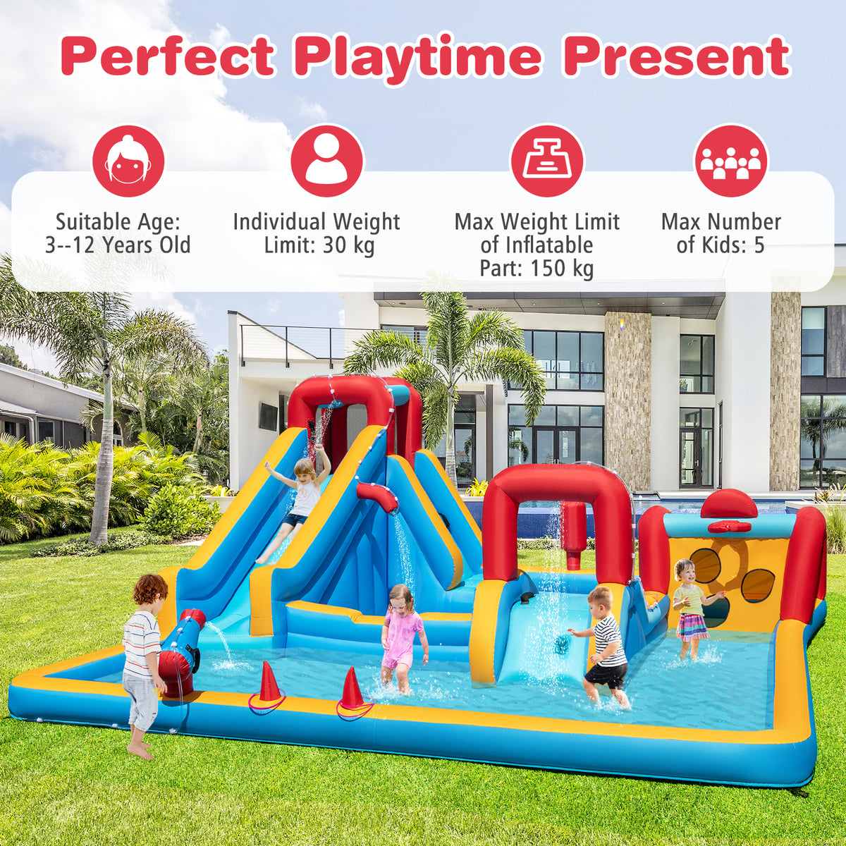 Inflatable Water Park, Water Slide with Climbing Wall, Boxing Post, Basketball Rim