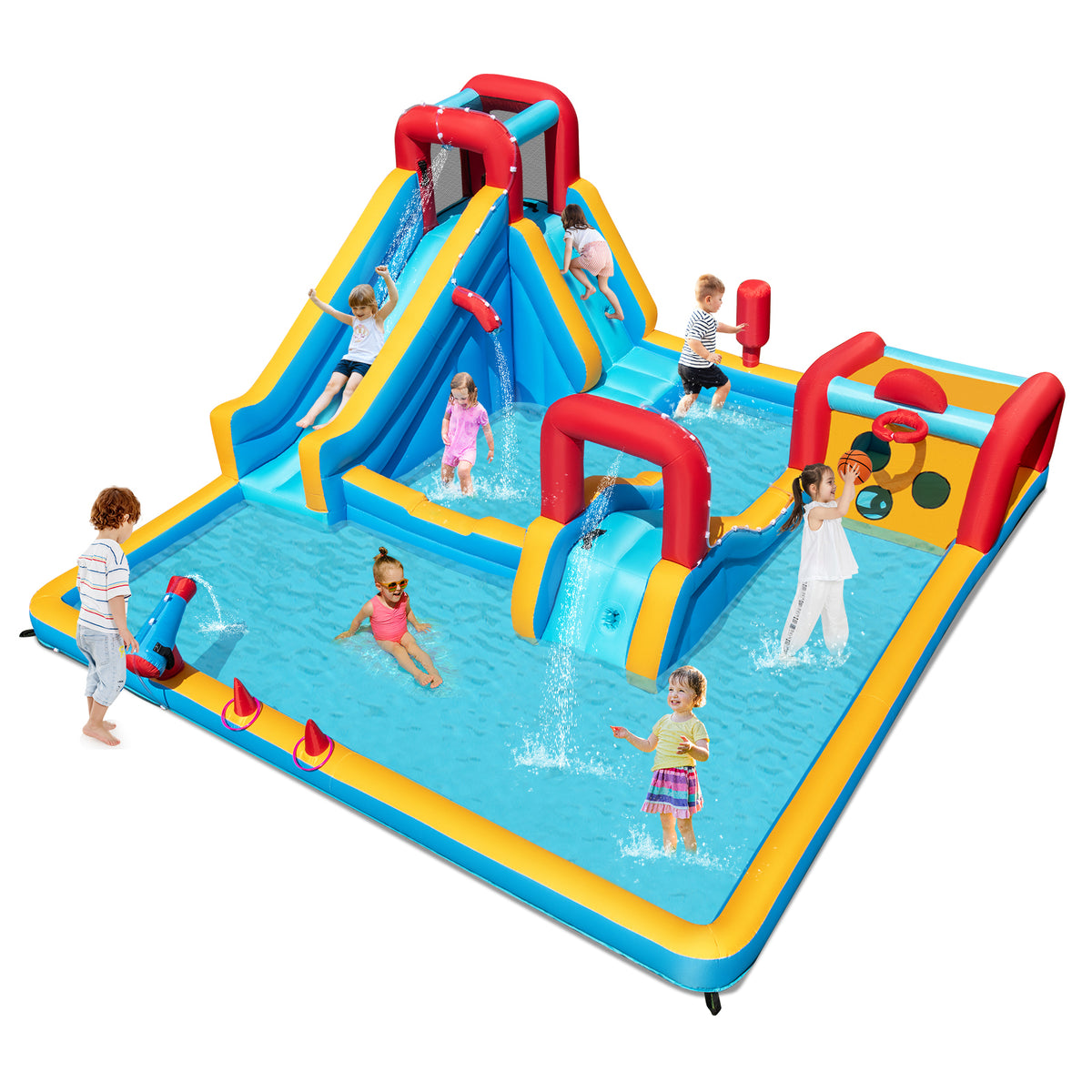 Inflatable Water Park, Water Slide with Climbing Wall, Boxing Post, Basketball Rim