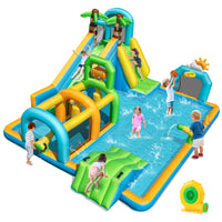Inflatable Water Slide, Tropical Theme Dual Slide Aqua Park w/ Splash Pool