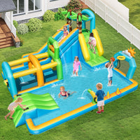 Inflatable Water Slide, Tropical Theme Dual Slide Aqua Park w/ Splash Pool