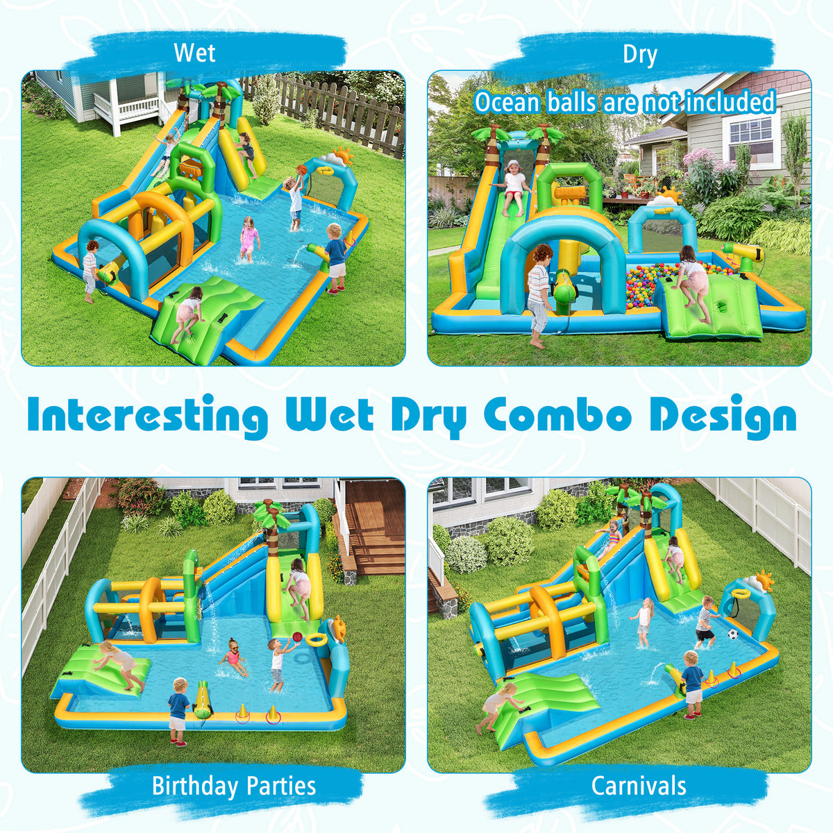Inflatable Water Slide, Tropical Theme Dual Slide Aqua Park w/ Splash Pool