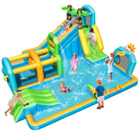 Inflatable Water Slide, Tropical Theme Dual Slide Aqua Park w/ Splash Pool