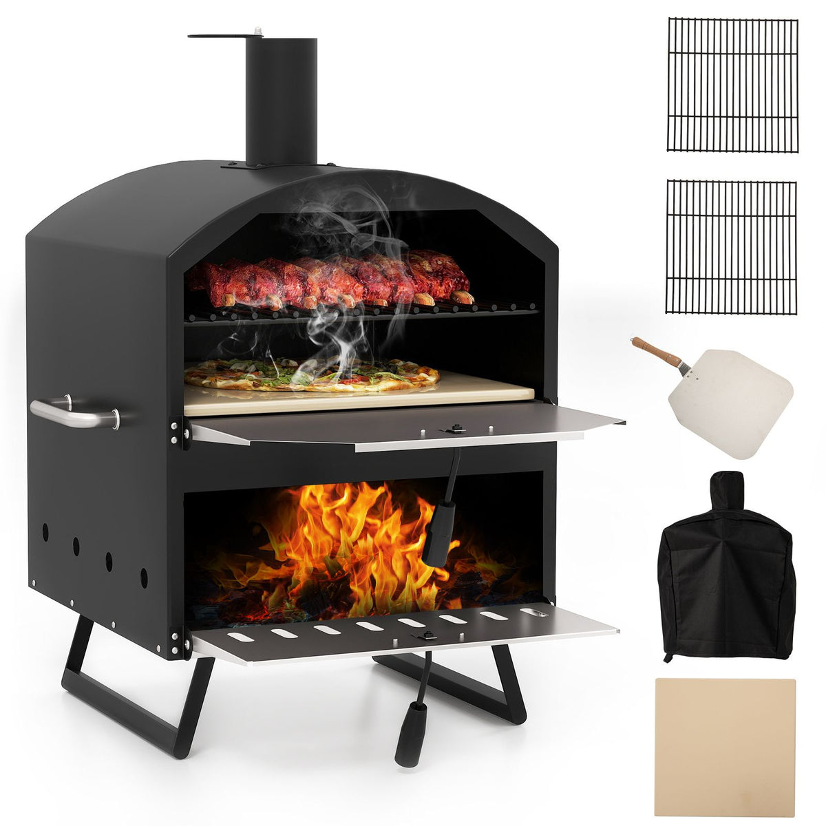 40.5 CM 2-Layer Outdoor Pizza Oven with Stone Peel Grill Racks for Camping