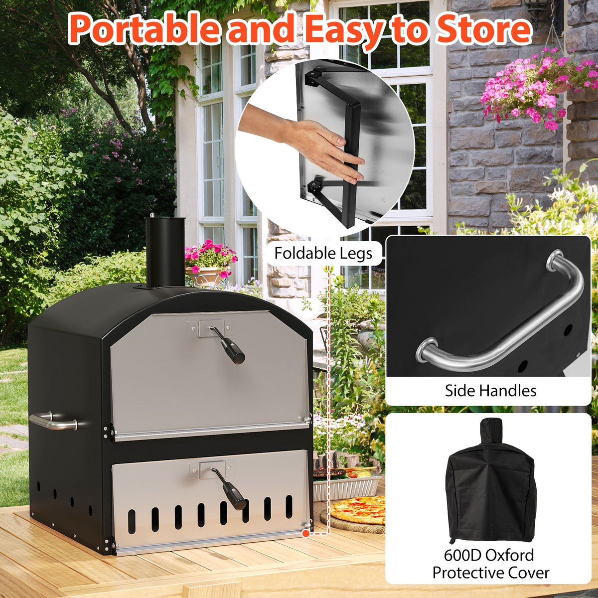 40.5 CM 2-Layer Outdoor Pizza Oven with Stone Peel Grill Racks for Camping