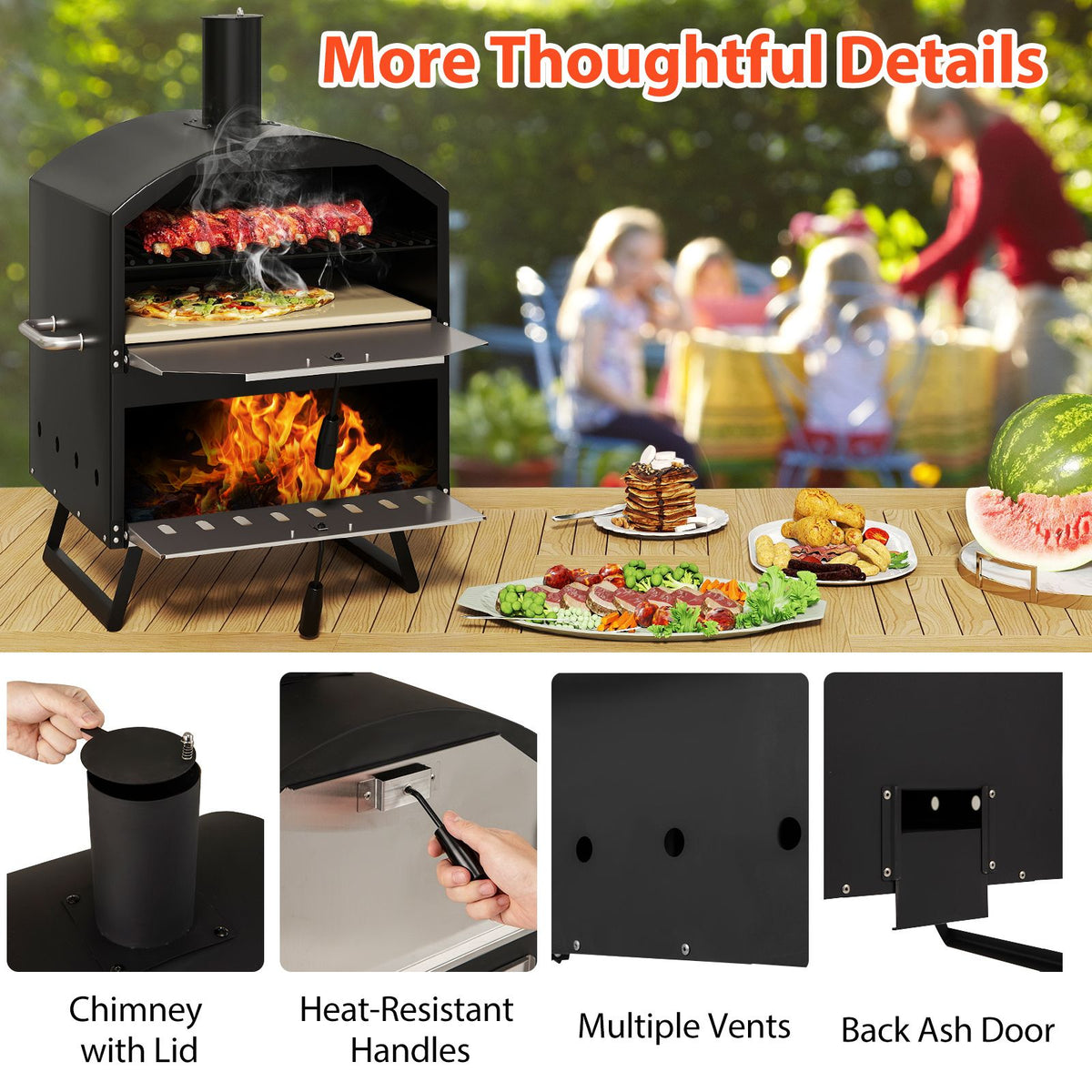 40.5 CM 2-Layer Outdoor Pizza Oven with Stone Peel Grill Racks for Camping