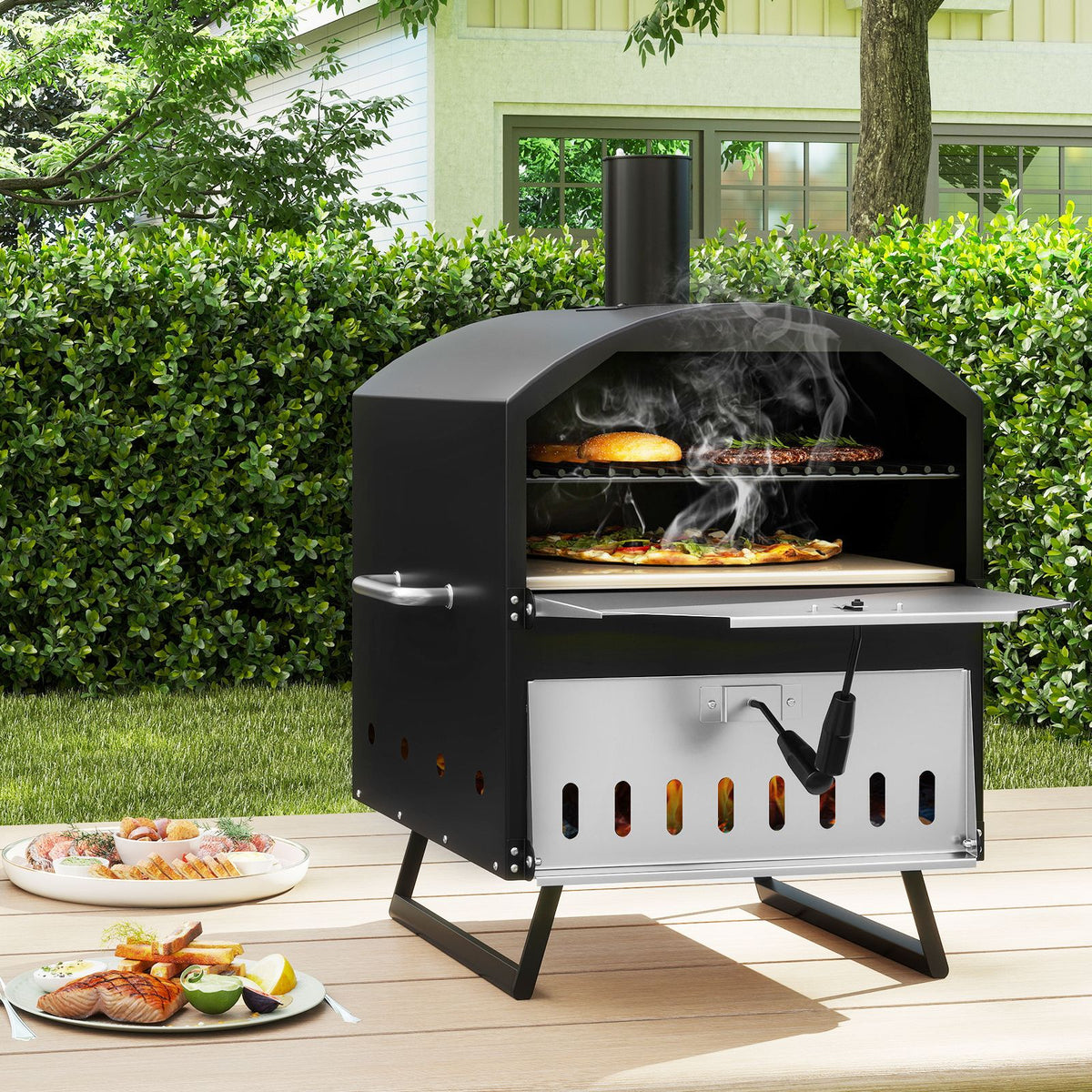 40.5 CM 2-Layer Outdoor Pizza Oven with Stone Peel Grill Racks for Camping
