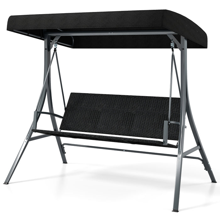 3-Person Porch Swing with Stand, Outdoor Canopy Swing w/ Rattan Seat Back