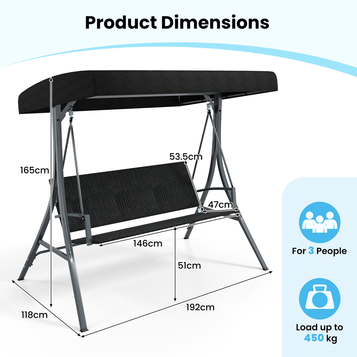 3-Person Porch Swing with Stand, Outdoor Canopy Swing w/ Rattan Seat Back