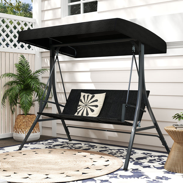 3-Person Porch Swing with Stand, Outdoor Canopy Swing w/ Rattan Seat Back