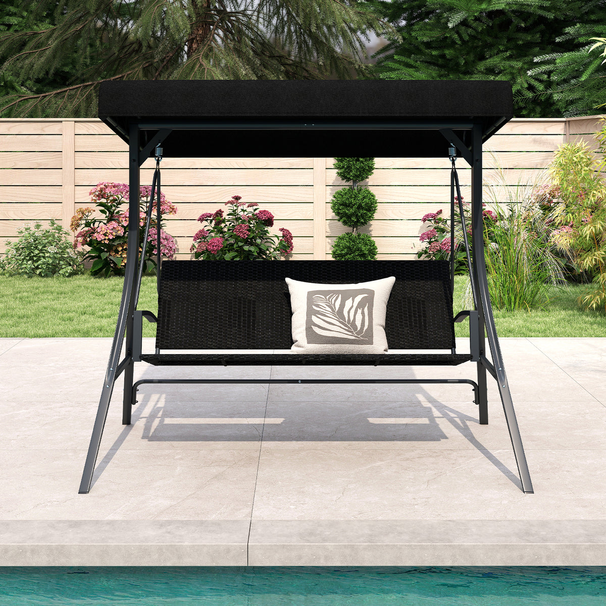 3-Person Porch Swing with Stand, Outdoor Canopy Swing w/ Rattan Seat Back